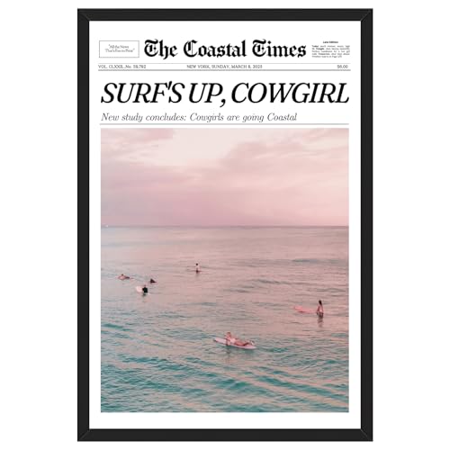Coastal Cowgirl Wall Art Canvas Print Trendy Pink Ocean Newspaper Poster Beach Aesthetic Wall Picture Painting Decor for Bedroom Bathroom Dorm Room Vintage Western Surf Artwork 8x12inch Black Frame - color: Style-5 Black Frame, size: 8"L x 12"W