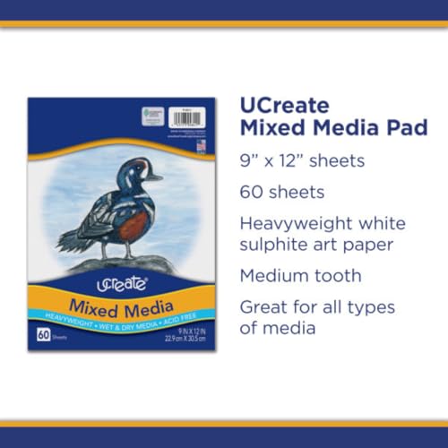 UCREATE Mixed Media Art Paper PAC4841, White, 9" x 12", 60 Sheets/Pack - size: 60 Count (Pack of 1)