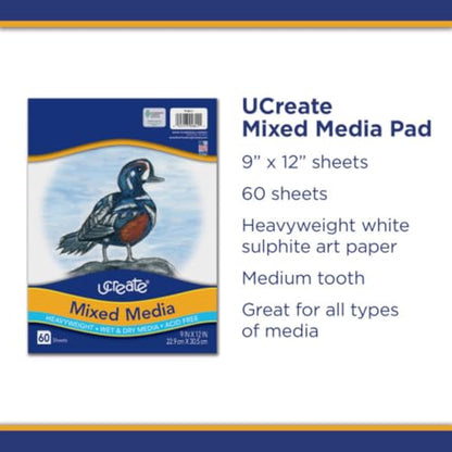 UCREATE Mixed Media Art Paper PAC4841, White, 9" x 12", 60 Sheets/Pack - size: 60 Count (Pack of 1)