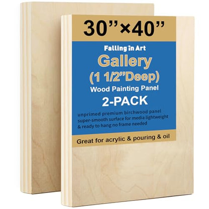 Falling in Art 2 Pack Unfinished Wooden Canvas Panels, 30x40 Gallery Birch Wood Panels Kit, 1 1/2" Deep Art Cradle Boards for Acrylic Painting, Pouring and Burning - size: 30*40 2 Pack