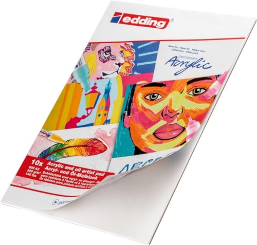 edding 30010 acrylic oil pad - white - 10 sheets in A3 - thick painting paper (300 gsm) - canvas-like paper for acrylic and oil paint, acid-free, ideal for professionals and beginners - color: 01: A3 - White