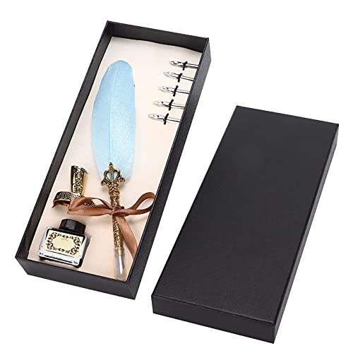 Pen Set, Vintage Calligraphy Writing Suit with Metal Holder and Glass Ink Bottle, 1-5mm Flat Nib for Gothic Italian Script, Complete Gift Box for Teachers Couples Elders (Sky Blue) - color: Sky Blue