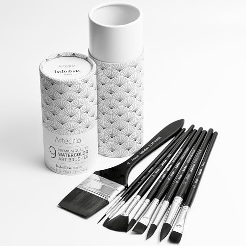ARTEGRIA Watercolor Brush Set, 9 Professional Soft Synthetic Squirrel Paint Brushes, Including Round Detailers, Flat Wash, Rigger, Rake, Fan, Angled Shader - color: Black - 9pcs