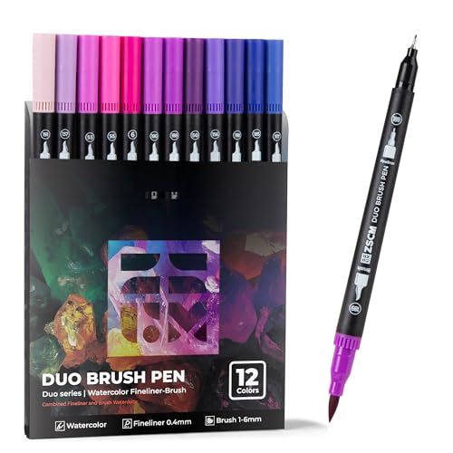 Purple Duo Tip Marker Pens, 12 Pack Fine & Brush Markers for Adult Coloring Books No Bleeding, Royal Purple Markers for Fantasy Art, Mystical Patterns, Creative Shadows and Luxury Themes - color: 12 Purple