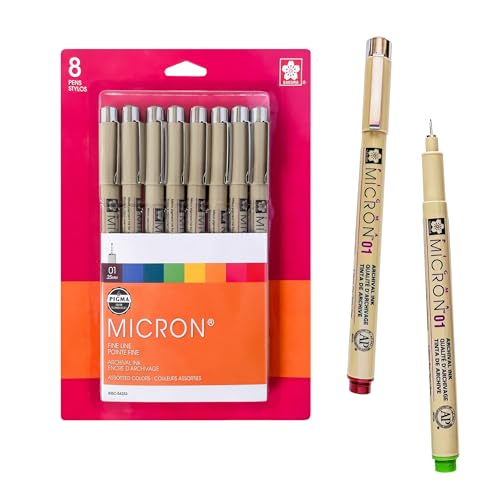 SAKURA Pigma Micron Fineliner Pens - Color Pen Set for Drawing, Illustration & Journaling - Waterproof, Fade-Resistant & Bleed-Free - Archival Colored Ink - 01 Tip - Assorted Colors - 8 Count