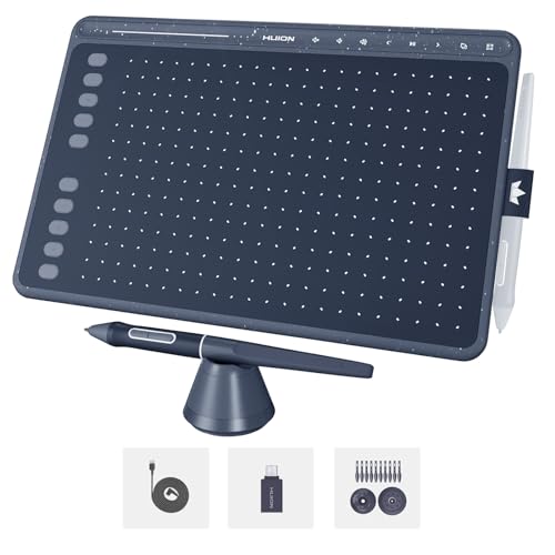 HUION HS611 Drawing Tablet 8192 Pressure Graphics Tablet with 10 HotKeys | Digital Art Tablet with Tilt Support Battery-Free Stylus, 8 Multimedia Keys, Touch Ring, 10x6inch Android Support Drawing Pad - size: Large