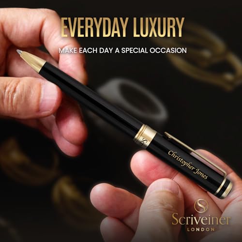 Scriveiner Personalized Black Ballpoint Pen - Stunning Luxury Pen, Jet Black Lacquer, Real Gold Plating, Schmidt Ink Refill, Best Engraved Ball Point Gift Set for Men & Women, Custom Name Engraving - color: 9. Black with Gold (Personalized)