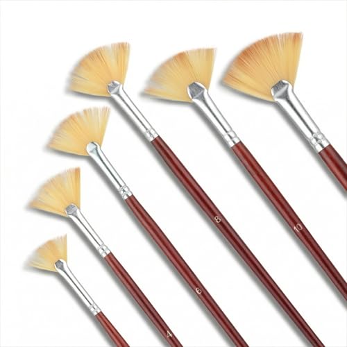 Fan Paint Brush Set, 6 Pcs Nylon Hair Acrylic Paint Brushes Artist Brush with Wooden Handle for Acrylic, Oil, Watercolor, Gouache, Face, Nail, Rock Painting