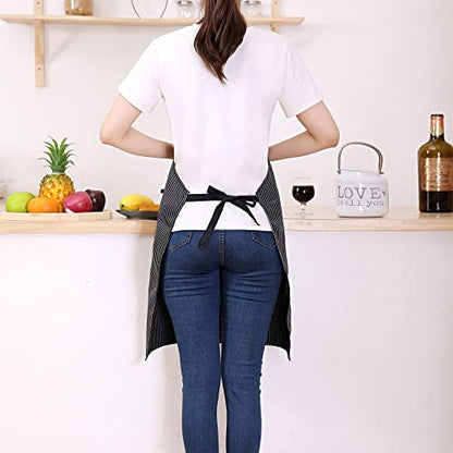Tosewever 2 Pieces Kitchen Cooking Aprons, Cotton Polyester Blend Adjustable Bib Aprons with 2 Pockets for Women Men Chef Chef (Navy/Black Stripes, 2) - color: Navy/Black Stripes