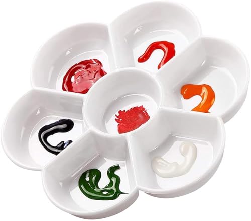 Petal Plastic Palette Painting Dish 7 Well Flower Paint Tray Watercolor Painting Mixing Palette for Oil Acrylic Watercolor Gouache,Easy Wash, Paint Palette (White) - color: White