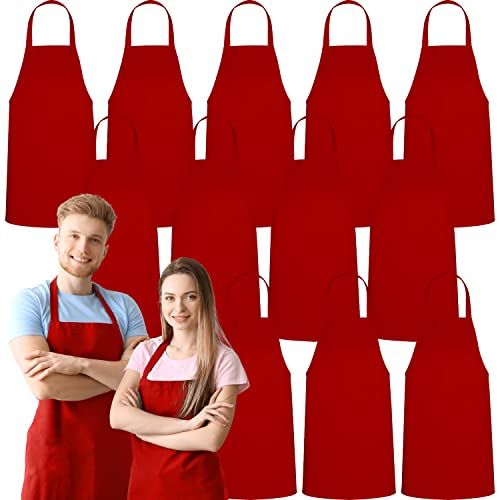 GREEN LIFESTYLE 12 Pack Bib Apron - Unisex Red Aprons, Machine Washable Aprons for Men and Women, Kitchen Cooking BBQ Aprons Bulk (Pack of 12, No Pockets, Red) - color: Red, size: Pack of 12, No Pocket