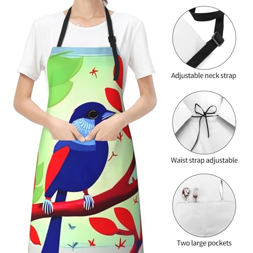 Round watercolor painting Heavy Duty Waterproof Apron with Pockets for AdultsResistant Grilling, Gardening, Painting - color: Red Leaf Bird