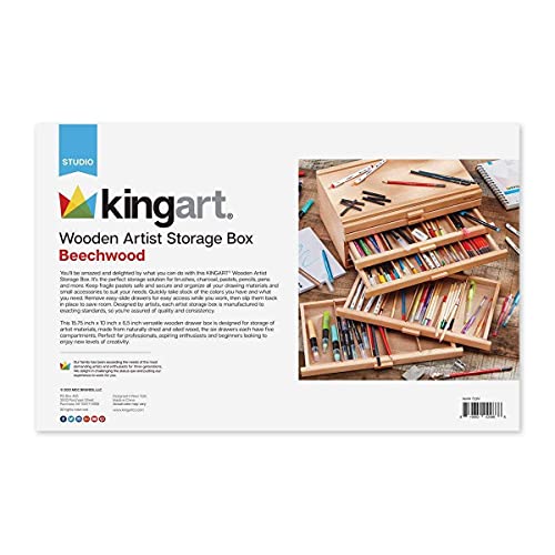 KINGART Wood 6-Drawer Artist SUPPLY STORAGE BOX, 15-3/4” W x 10” D x 6-1/2” H, Natural Finish, Storage for Art Materials including Paint Tubes, Pastels, Pencils, Markers, Brushes and more