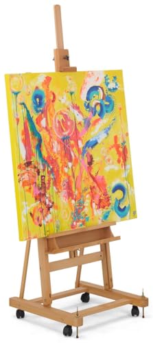 Wooden Studio Easel with Wheels, H Frame, Adjustable Holders for Canvases up to 60"h, Accessories Tray (Beech Wood)