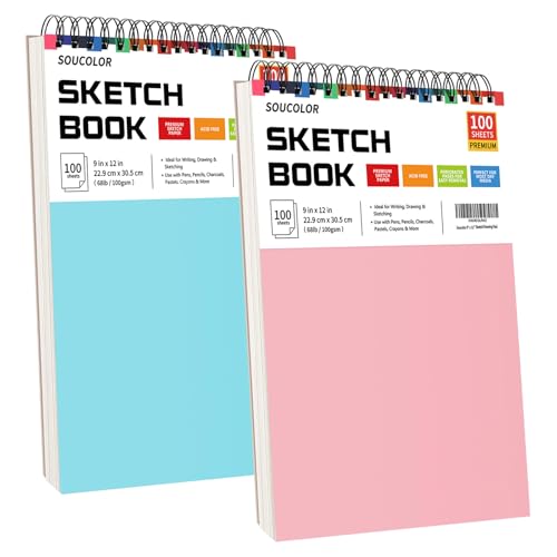 Soucolor 9x12 Sketch Book 2-Pack, 100 Sheets, Acid-Free Drawing Pads | Yop spiral-bound sketchbooks with 68lb acid-free paper,micro-perforated pages,& flat-lay design, great for kids and beginners - color: Blue&Pink, size: 9" x 12" (Pack of 2)