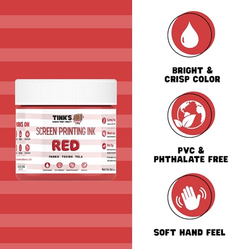 Tinks® Screen Printing Ink - Red 8oz. Water-Based Fabric Ink - Screen Printing, Stenciling, Tote Bags & Fabric Stamping - Non-Toxic, No Harsh Fumes, Soap & Water Cleanup - Made in California - color: Red