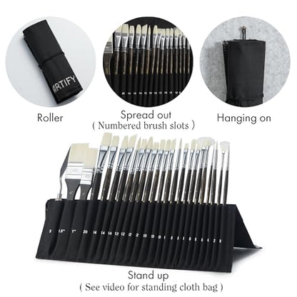 ARTIFY 24 Pieces Synthetic Hog Bristle Paint Brush Set – Expert Series Nylon Brushes for Acrylic, Oil Painting– No Shedding, Canvas Roll Case & Palette Knife, Artist Gifts Art Supplies - color: Brown- Synthetic Hog Bristle