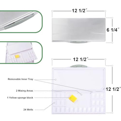 Falling in Art Airtight Leak-Proof Watercolor Palette, 24 Slightly Sloping Wells-3 Mixing Areas, 12 3/5 Inches by 6 2/7 Inches - size: 12.6" x 6.3" (24 Wells)
