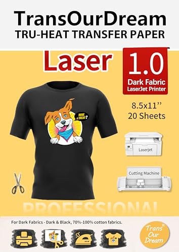 TransOurDream Tru-Heat Transfer Paper for LaserJet Printer (20 Sheets 8.5x11, 1.0) Printable HTV Heat Transfer Vinyl for T Shirts Iron on Transfers for Dark Fabrics (TRANS-LAS1-D-20) - color: Dark, size: 8.5x11 inches