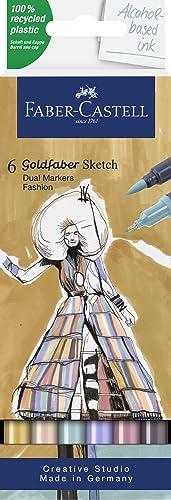 Faber-Castell Goldfaber Alcohol Sketch Pen Markers: 6 Dual Tip Markers Colors - Fashion, Dual Brush and Fineliner Pastel Markers, Felt Tip Markers for Illustrating and Adult Coloring - style: Fashion