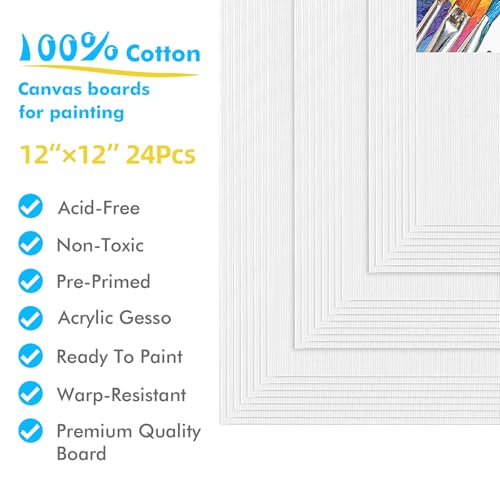 Gotideal Canvas for Painting, 24pcs 12x12 Primed Bulk Painting Canvas Board for Kids and Adults, White Blank Canvas Panels for Acrylic Paint, Oil, Pour Art Supplies - size: 12x12 inch