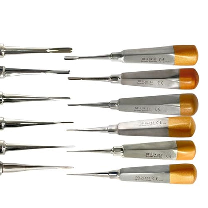 Set of 6pcs Apical Root Tooth Extraction Elevators 1mm, 1.5mm, 2mm, 3mm, 4mm, 5mm (Straight Tip) - Autoclave-Safe German Stainless Steel