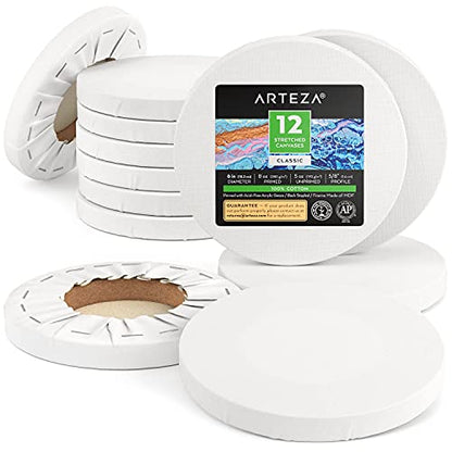 ARTEZA Round Stretched Canvas, 6 Inch Diameter, Pack of 12, Blank White Canvas Boards for Acrylic, Oil and Gouache Painting - size: 6 inch