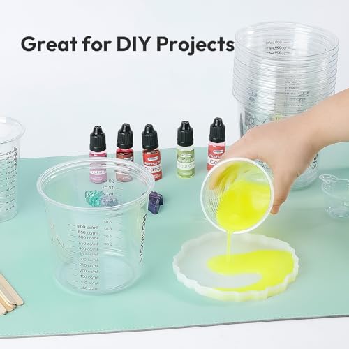 Epoxy Measuring Cups, Resiners 50pcs Resin Mixing Cups for Epoxy Resin, Paint, Crafts Use, with 30 x 24oz & 20 x 8oz Dual Sizes, 50 Mixing Cups, 50 Wooden Sticks, Clear Plastic