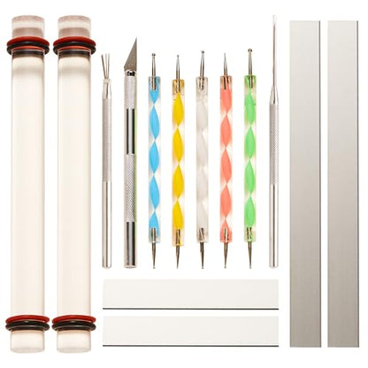 14 Pcs Polymer Clay Tools Acrylic Roller Clay Rolling Pins for Baking with Thickness Rings, Tissue Blade, Slicer Knife, Dotting Tools, Sculpting Earring and Jewelry Making Kit for Modeling and Shaping - color: Clear-14Pcs