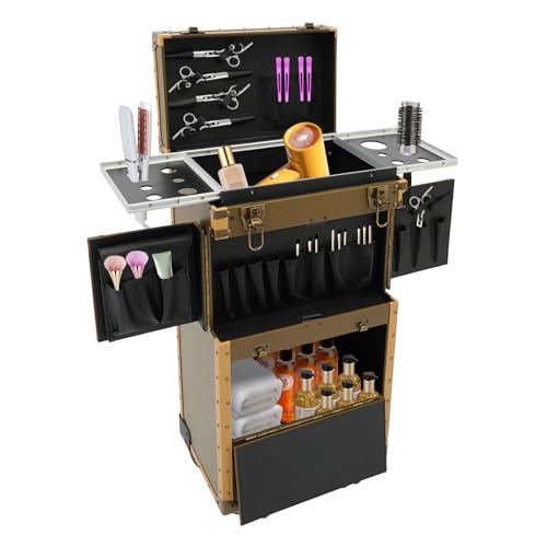 Rolling Hairdressing Case with Dual Password Locks, Professional Barber & Makeup Tool Organizer with Wheels, Portable Salon Storage Trolley for Hairstylist Nail Travel - color: Gold