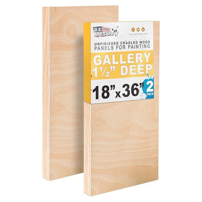 U.S. Art Supply 18" x 36" Unfinished Cradled Wood Panels for Painting, Gallery 1-1/2" Deep (2 Pack) - Artist Depth Wooden Wall Canvases - Mixed-Media Craft, Acrylic, Oil, Encaustic, Paint Pouring - size: 18" x 36"