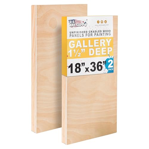 U.S. Art Supply 18" x 36" Unfinished Cradled Wood Panels for Painting, Gallery 1-1/2" Deep (2 Pack) - Artist Depth Wooden Wall Canvases - Mixed-Media Craft, Acrylic, Oil, Encaustic, Paint Pouring - size: 18" x 36"