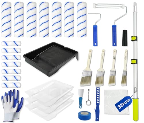32PCS Paint Roller Kit with Extension Pole - 2 to 4 FT Pole, 4 inch 9 inch Paint Rollers, Paint Brushes for Walls, Painters Tape & Drop Cloth, Microfiber Roller Covers for Professional Painting - size: 32PCS