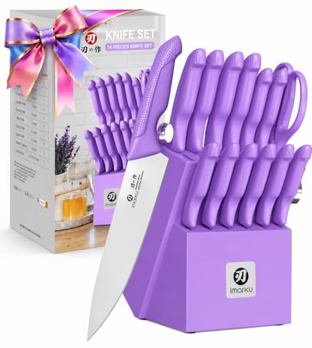 imarku 14-Piece Purple Knife Set with Block – Glides Through Meat, Fish, Veggies & Bread – Standout Color for Stylish Kitchens – Built-in Sharpener – Elegant Gift for Mom, Wife, Utility Knives - color: Purple, size: 14 Pcs