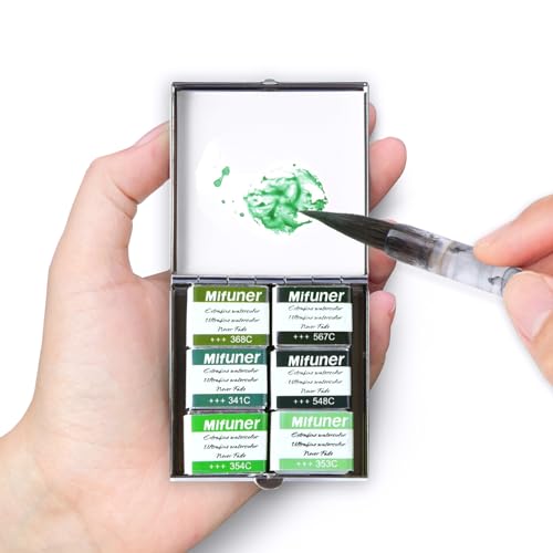 Mini Portable Handmade Artist Watercolor Paint Travel Metallic Box Set with 6 Green Solid Watercolor Half Pans (Each Capacity Approx 1.5ml) Pearlescent.Green - color: Solid Watercolor-green