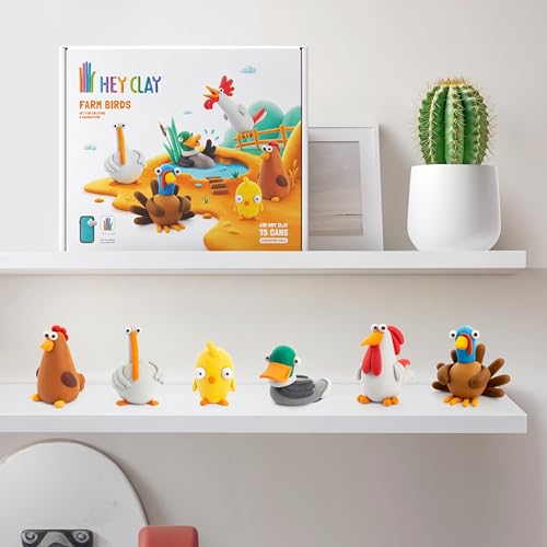 HEY CLAY Set - Colourful Modeling Air Dry Clay Kit for Kids 15 cans and Sculpting Tools with Fun Interactive Instructions App - Children 3+ (Farm Birds) - style: Farm Birds