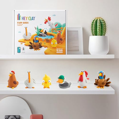 HEY CLAY Set - Colourful Modeling Air Dry Clay Kit for Kids 15 cans and Sculpting Tools with Fun Interactive Instructions App - Children 3+ (Farm Birds) - style: Farm Birds
