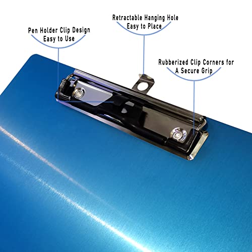 Aluminum Metal Clipboard Stainless Hangable Pen Holder Low-Profile Clip Board Size A4 9" x 12.6" with Sticky Note for School Office Business Medical Professionals Workshop Factory (Blue, Aluminum-A4) - style: Blue