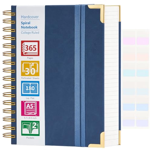 Spiral Notebook, 365 Page Hardcover Leather Notebook Journal, Large A5 Lined Journal for Women Men, College Ruled Notebooks for Work School, Journals for Writing, 24pcs Index Tabs, 5.5" x 8.5", Blue - color: Blue, size: 5.5" x 8.5"