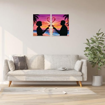VOCHIC Sip and Paint Kit,Pre Drawn Canvas Couples Paint Party Kit Painting Art Set for Adults Date Night Sunset Beach 2 Pack (8 x 10 Inches, Wine Glass Couple) - size: 8x10, style: Wine Glass Couple