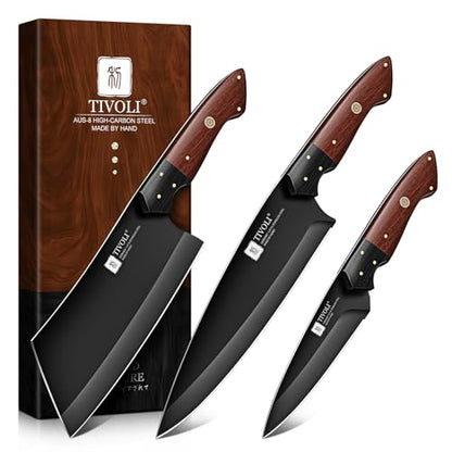 TIVOLI Kitchen Knife Set 3pcs - Chef Knife Set with Full Tang Wooden Handle - Cleaver, Chef, Kitchen Utility Knives for Meat, Vegetables and Fruit - Cooking Gifts for Men and Women - size: 8