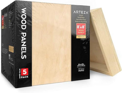 Arteza Wooden Canvas Board, 8x8 Inch, Pack of 5, Birch Wood, Cradled Artist Wood Panels for Painting, Encaustic Art, Wood Burning, Pouring, Use with Oils, Acrylics - size: 8x8 Inch