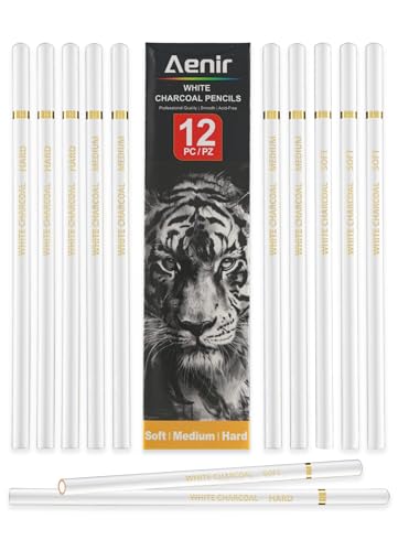 Aenir White Charcoal Pencils, Pack of 12 Charcoal Drawing Pencils, Charcoal Pencils for Artists, Art Supplies for Drawing and Highlighting. - color: White