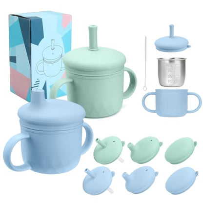 2PCS Stainless Steel Sippy Cups for Toddlers1-3, Baby Straw Cups for 6+Month Old with Travel Lid, Silicone Straw, Replacement Straw & Cleaning Brush-8oz Toddler Cups Spill Proof Set (Blue+Green) - color: Green/Blue