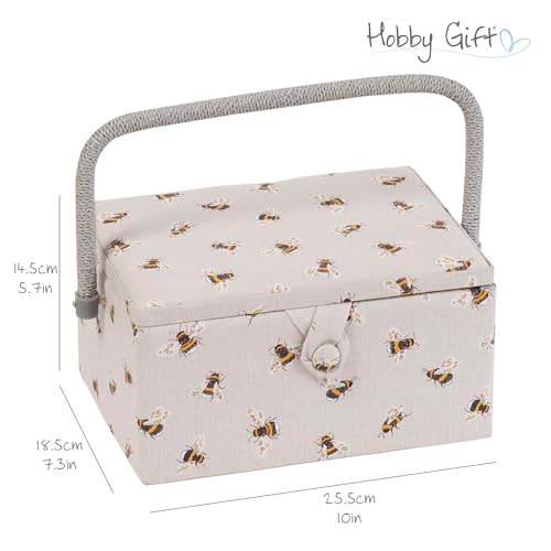 Hobby Gift Medium Sewing Box Organiser, Fabric Covered Storage Box with Handle, Internal Tray, Pin Cushion and Pocket for Sewing, Quilting and Knitting Supplies - color: Bee