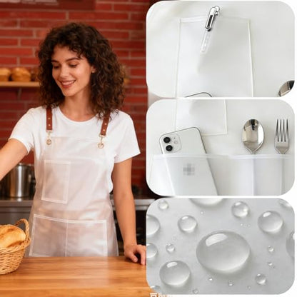 2 Pack Waterproof Translucent Apron with Large Pockets,Cross Back Apron Cooking Apron for Dishwashing,Cleaning Fish, - color: White&brown