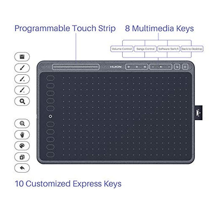 HUION HS611 Drawing Tablet 8192 Pressure Graphics Tablet with 10 HotKeys | Digital Art Tablet with Tilt Support Battery-Free Stylus, 8 Multimedia Keys, Touch Ring, 10x6inch Android Support Drawing Pad - size: Large