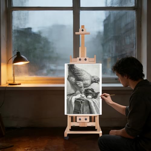 Multifunctional Artist Easel, H-Frame Adjustable Studio Easel, Portable Beech Wood Easel Stand with Brake Wheels, Floorstanding Painting Canvas Stand, Professional Painting Creation Workstation