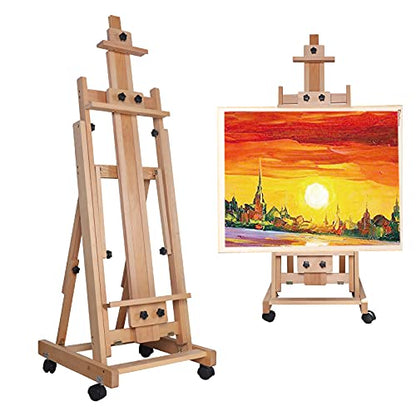 Wooden Artist Easel Stand,Movable Large Heavy Duty H-Frame Studio Easel with Universal Wheels,56”-91”Adjustable Height Painting Easel Rack for Homes Drawing Rooms Art Studios