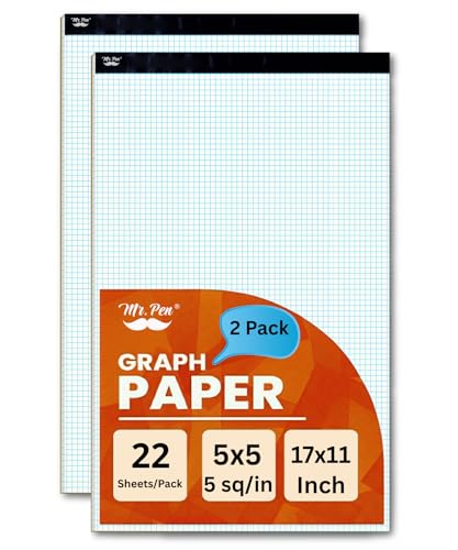 Mr. Pen- Graph Paper Pad, 17x11 Inches, 5x5 (5 Squares per Inch) | 2 Pack of 22 Sheets, Ideal for Math, Graphing and Sketching, Grid Paper for Students, Engineers, Artists - color: White, size: 2 Pack 17"x11", 5 sq/in